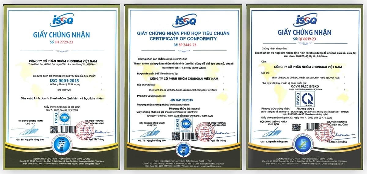 giấy chứng nhận chất lượng sản phầm zhongkai