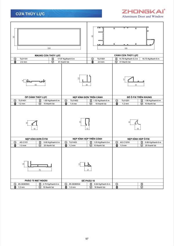 Catalogue mặt cắt nhôm hệ thủy lực Zhongkai