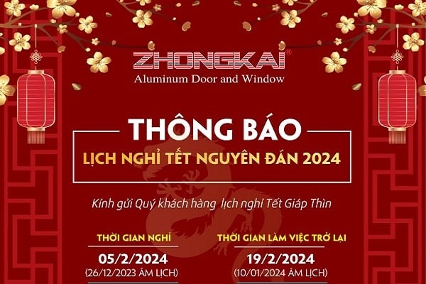 ZHONGKAI THÔNG BÁO LỊCH NGHỈ TẾT NGUYÊN ĐÁN GIÁP THÌN 2024
